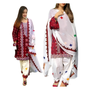‎*ajrak balochi lawn cotton embroiderd traditional unstitched 3pc✓*